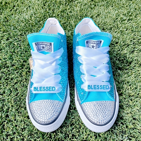 Converse Shoes - NEW Baby Blue Hand Embellished CONVERSE with "BLESSED" laces